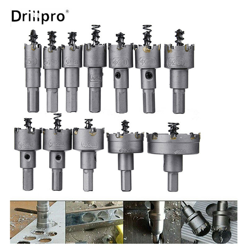 Drillpro-Kit de sierras de copa de Metal, juego de brocas, cortador de madera de aleación de acero inoxidable, 15mm-50mm, herramienta Universal de corte de Metal, 12 unidades