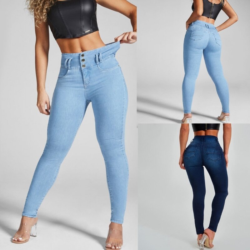 Butt Lifting Denim Trousers with Pockets Women High Waisted Skinny Jeans Pants N7YD