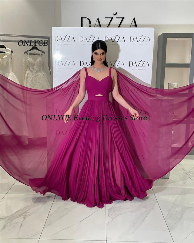 Suknie wieczorowe w kolorze fuksji z peleryną na rękawach plisuje szyfonowy bal sukienki na przyjęcie Festa szata De