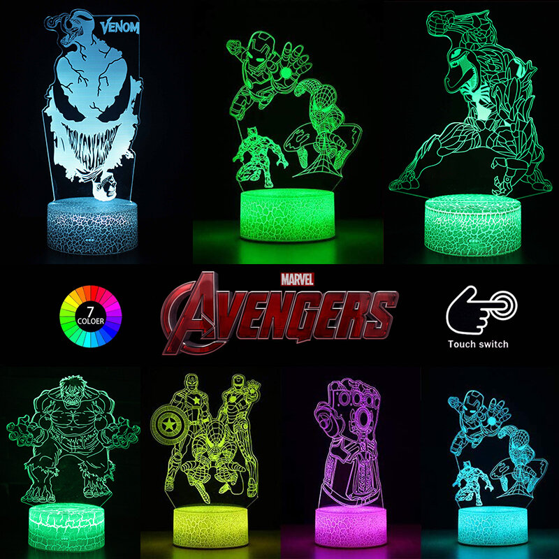 Disney-Luz LED de noche de Marvel, Spiderman, Anime, 7 colores, superhéroe, Hulk, decoración para dormitorio de niños, lámpara de escritorio 3D, regalos para niños
