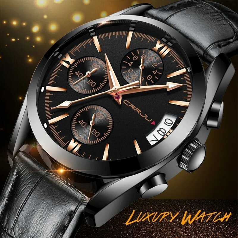Men Luxury Brand CRRJU 2022 New Fashion Casual Sports Watches Modern Design Quartz Wrist Watch Genuine Leather Strap Male Clock
