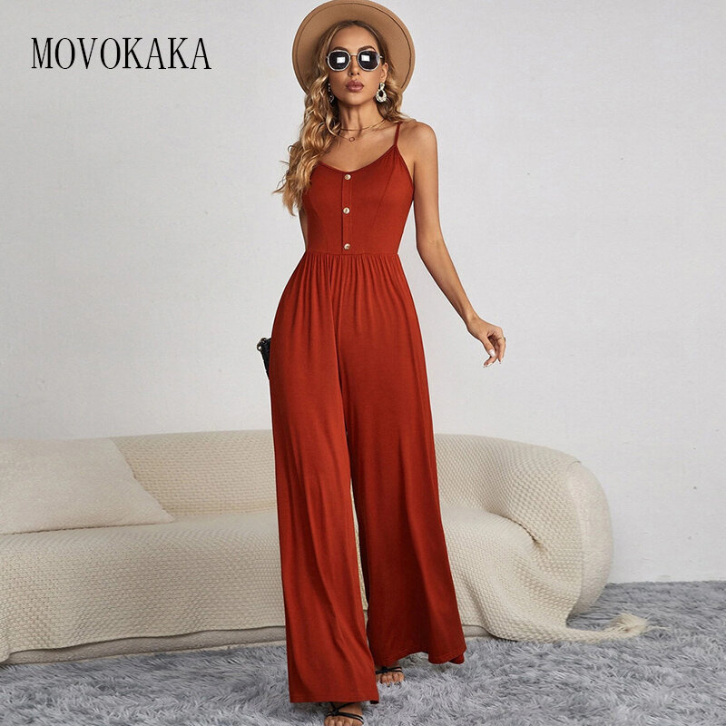 MOVOKAKA – combinaison Sexy à bretelles pour femmes, pantalon à jambes larges, barboteuse, tenue de bureau à boutons, vêtements à col en V, combishort