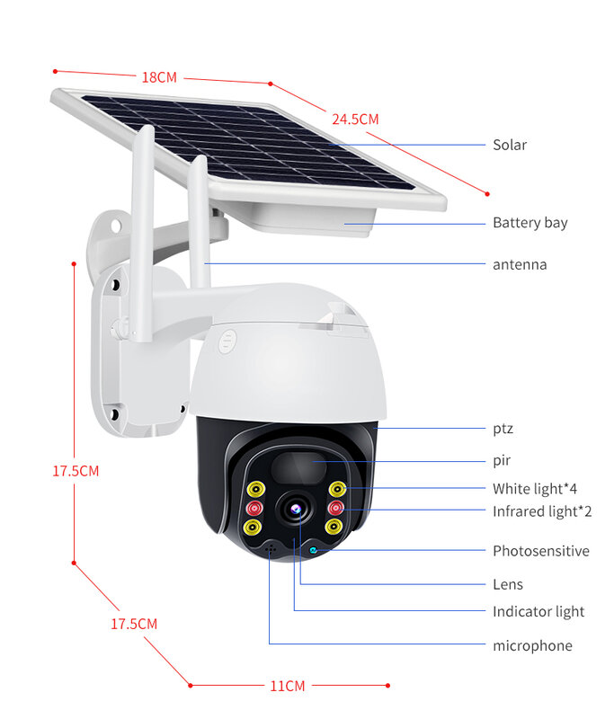 5MP 태양 PTZ 카메라 PIR 인간의 감지 카메라 30M 나이트 비전 2 웨이 오디오 CCTV 홈 보안 IP 카메라 19200mAH 배터리