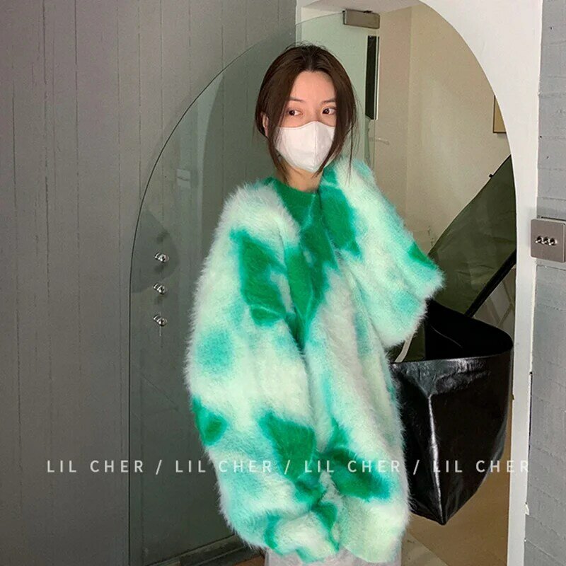 冬の女性緑のセータークルーネックネクタイ染料韓国ファッション怠惰な風レジャールースヴィンテージプルオーバーロングスリーブニットトップス