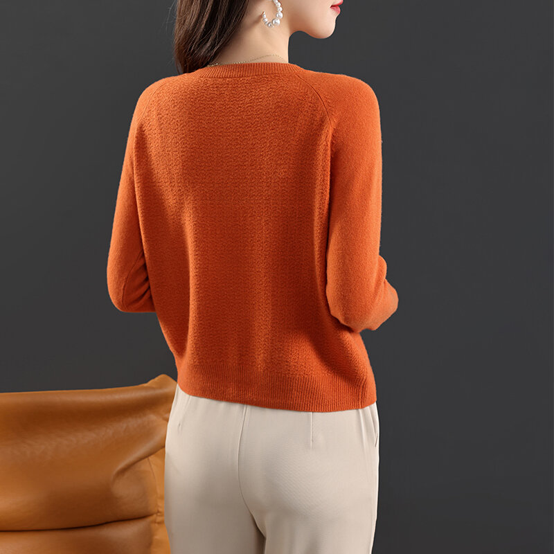 Cárdigan de punto con cuello redondo para mujer, chaqueta elegante de lana pura, fina, de una sola botonadura, otoño