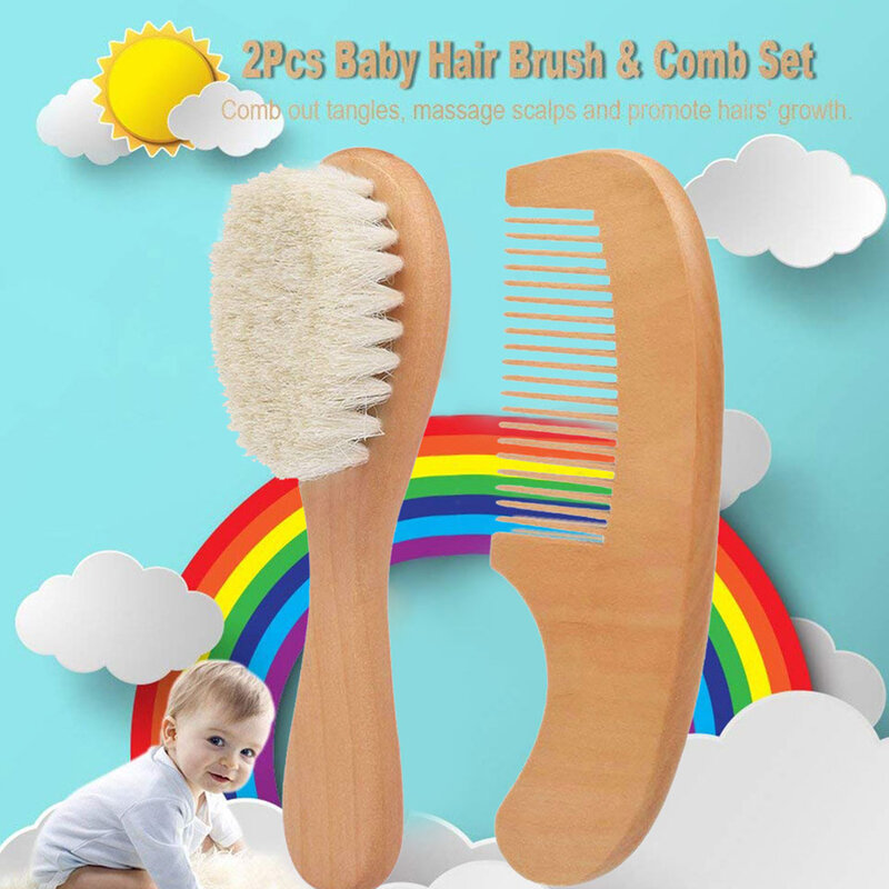 Cepillo suave de lana pura Natural para bebé, cepillo con mango de madera, peine de pelo para bebé, masajeador de cabeza, cepillo para el cuidado del bebé