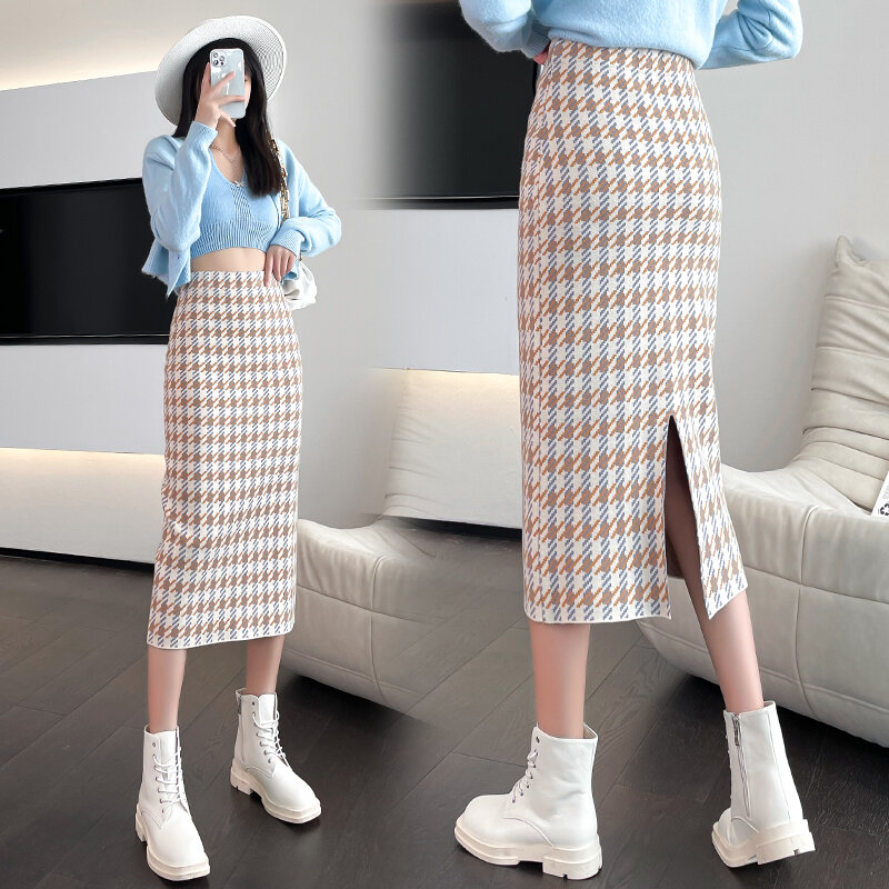 Wisher & Tong-Falda de tubo de cintura alta para mujer, faldas de punto con entramado de pájaro, faldas largas coreanas elegantes de invierno, 2022