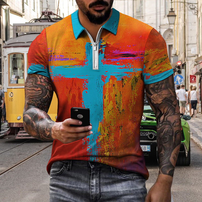 2022 صيف جديد فاخر ملابس للرجال قميص بولو ثلاثية الأبعاد الطباعة عادية قصيرة الأكمام تي شيرت الرجال ريترو التلبيب البريدي قميص بولو