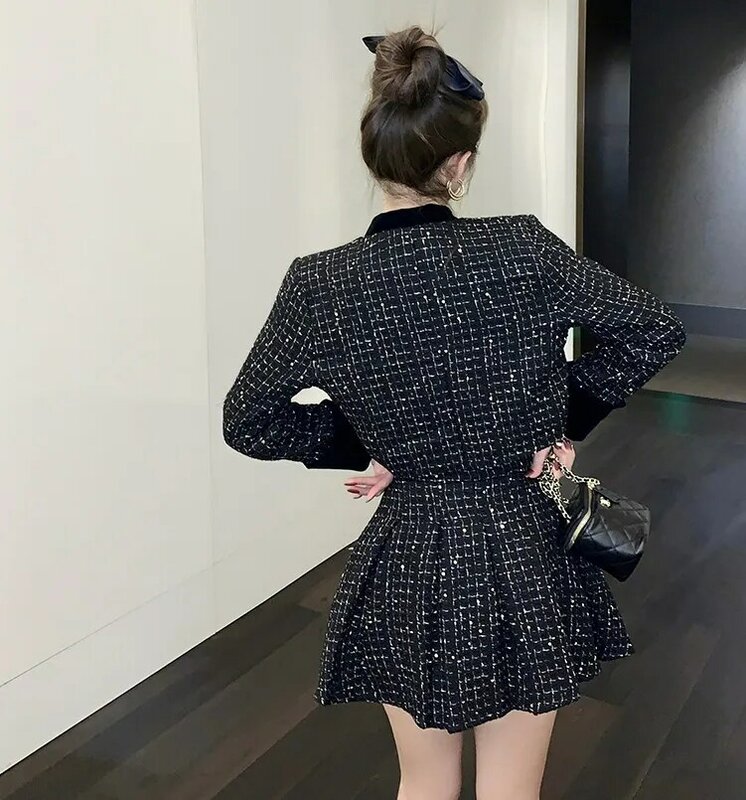 Moda coreana duas peças conjunto temperamento vintage pequena fragrância feminina xadrez tweed jaqueta curta + plissado mini saia ternos feminino