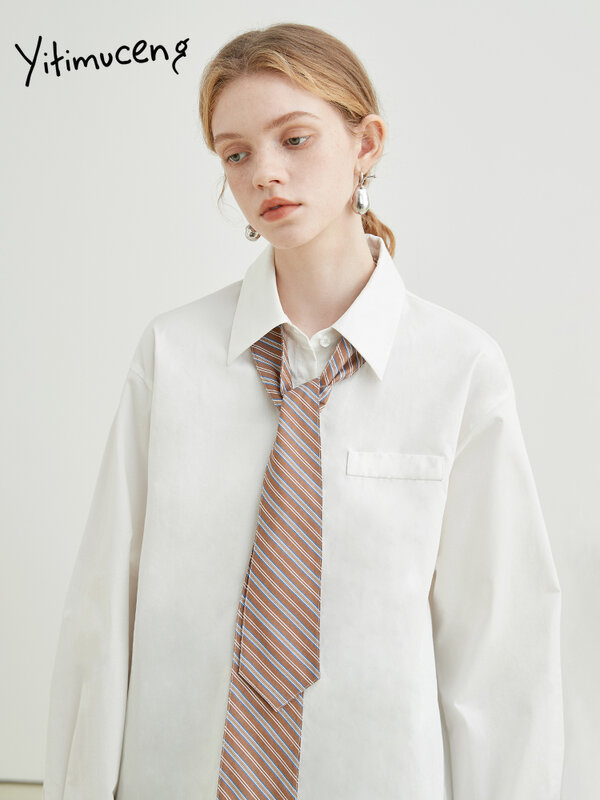 Ytimuceng-Blusa de manga larga para mujer, camisa blanca con botones, cuello vuelto, estilo pijo, Tops con bolsillo, Primavera