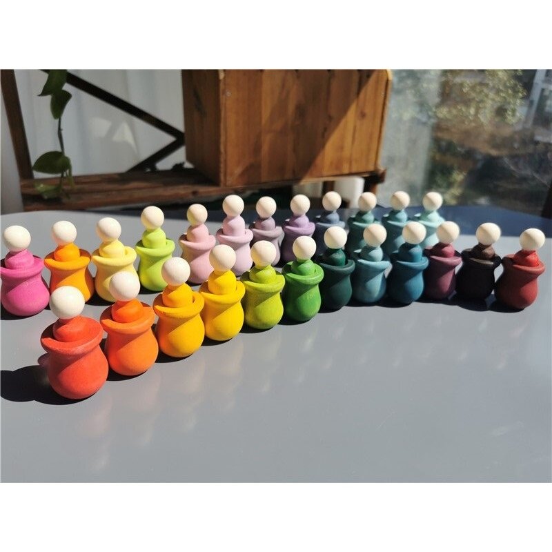 Holz Spielzeug Regenbogen Topf Peg Puppen Pastell Cups Handgemachte Malerei Stacking Blocks für Kinder Open-Ended Spielen
