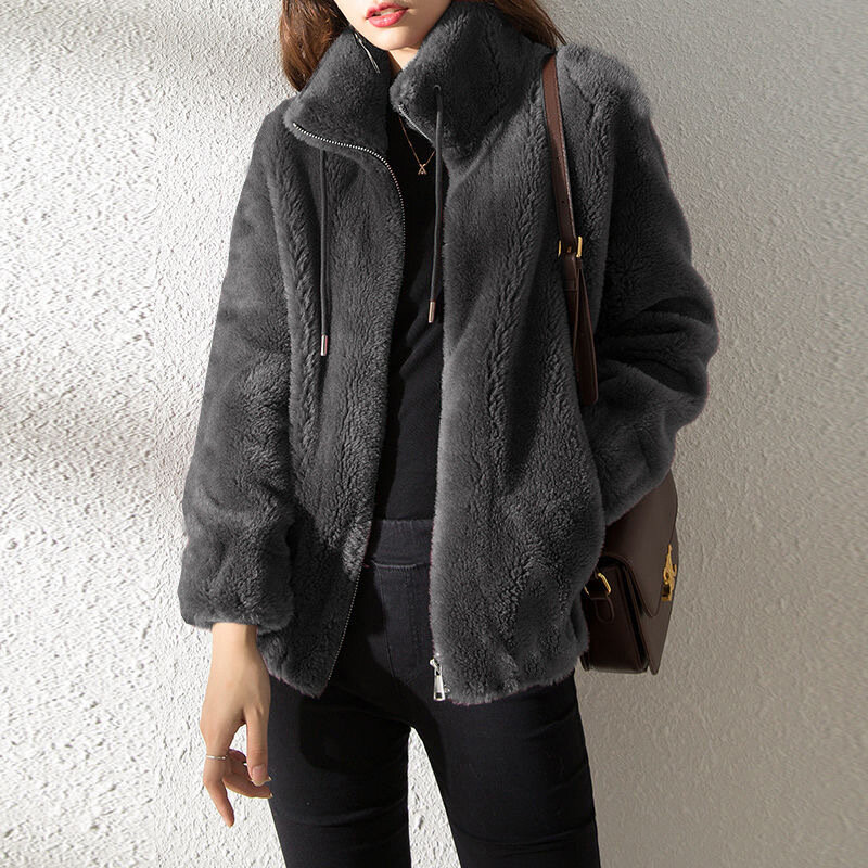 따뜻한 플리스 스탠드 칼라 긴 소매 재킷 및 코트 여성용, 한국 패션, 브라운, 플러스 사이즈, 지퍼, 하라주쿠, 오피스 레이디 코트, 가을