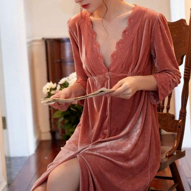 Qweek camisola do vintage vestido de noite sexy rendas sleepdress outono inverno nighties para as mulheres pleuche quente casa roupas 3/4 manga