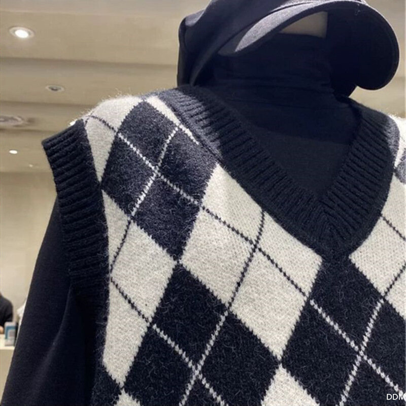 Vintage rhombic xadrez malha colete sem mangas camisola com decote em v dobrado jacquard outono roupas femininas preppy roupas 2022 inverno