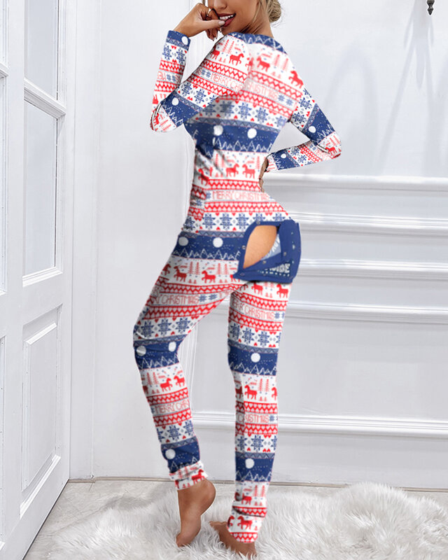 2021 популярный цельный костюм с рождественским принтом, функциональная повседневная одежда для сна на пуговицах с клапаном, женская пижама, ...