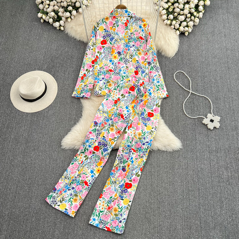Vanovich moda vintage temperamento único-breasted camisas florais casual de cintura alta reta calças de perna larga conjuntos de duas peças