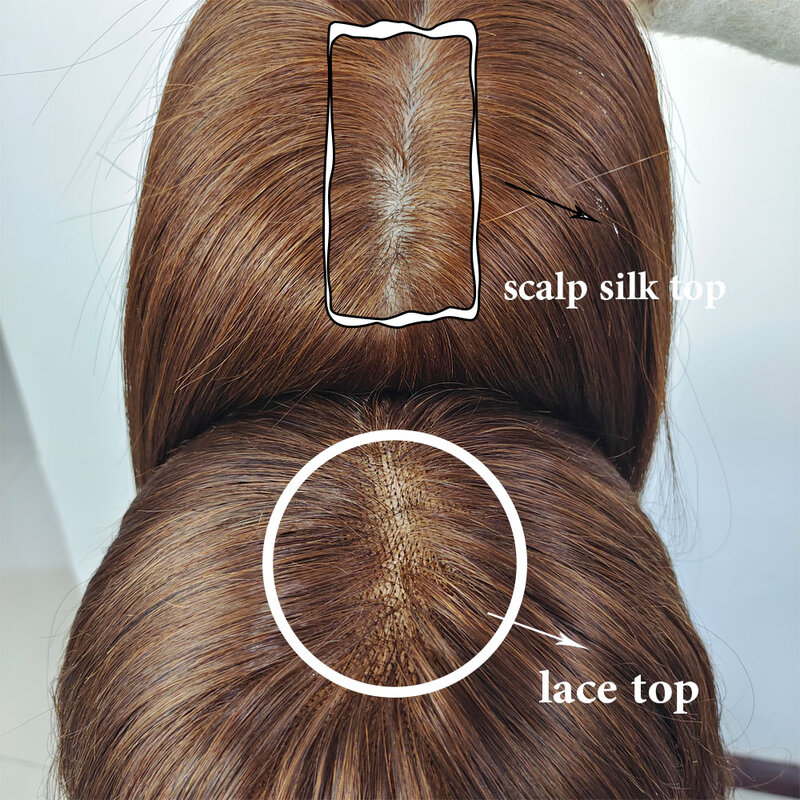 Postiche toupet en soie naturelle pour femmes, postiche 100% cheveux humains européens Remy, Base en cuir chevelu naturelle, 9x14cm, #4 marron, 8x12cm