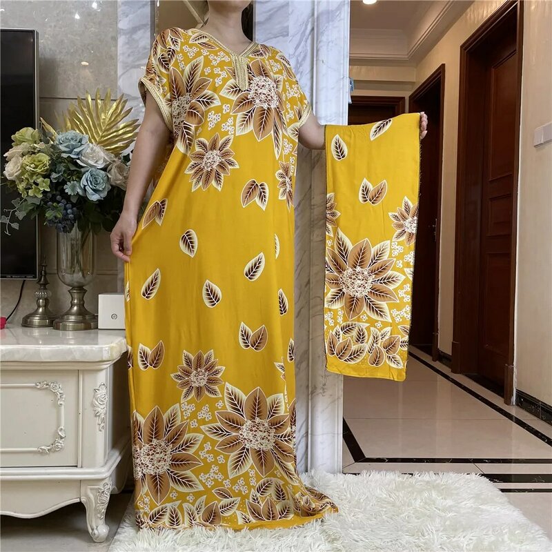 Vestido colorido de algodão dashiki floral para mulheres, manga longa, estampa tingida em laço, caftan solto, casual, novo, YY20, 2023