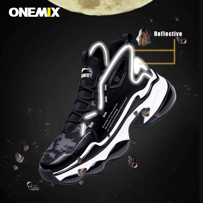 ONEMIX Sepatu Olahraga untuk Pria Sneakers Hitam Putih Jaring Bersirkulasi Bantalan Udara untuk Wanita Sepatu Lari Alas Kaki PLatform Reflektif