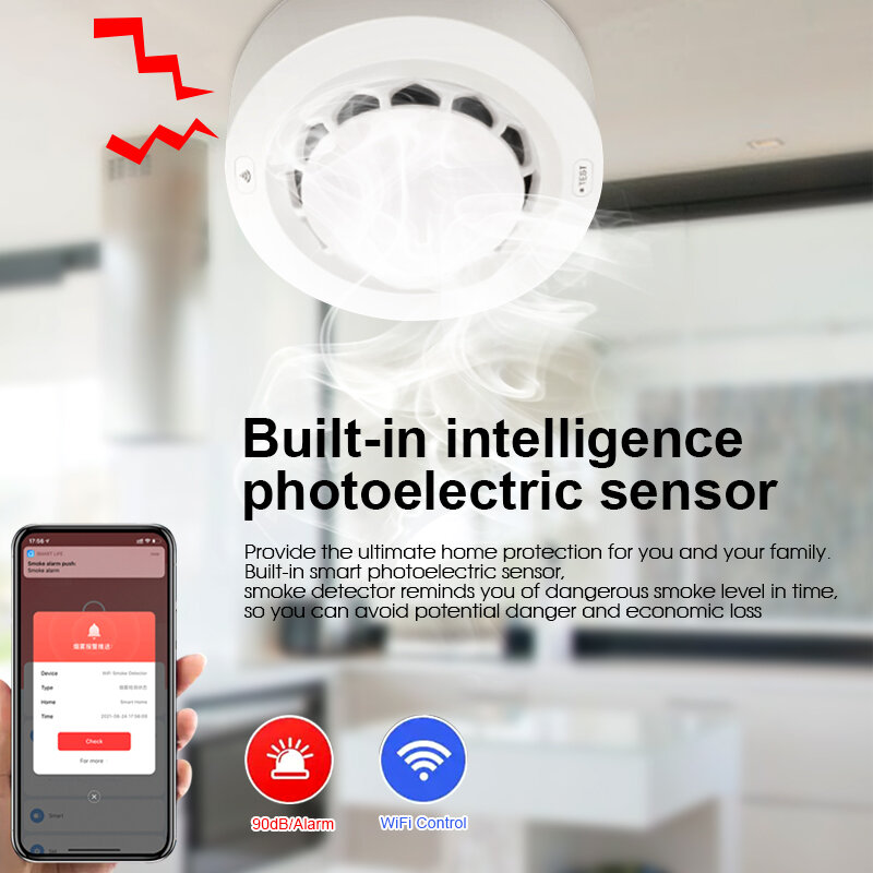 CoRui Tuya สมาร์ท Wifi เซนเซอร์ตรวจจับควันบ้าน Fire Smoke Detector Home Kitchen ความปลอดภัยป้องกันเสียง Alarm Sensor Smart Life App