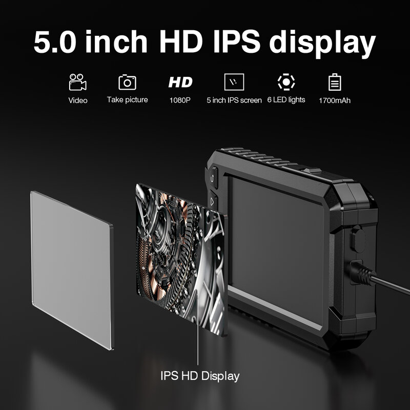 5.0 inch IPS display Industrial Endoscope IP67 Waterproof Endoscope  for engine air conditioning inspection with 32GB TF card