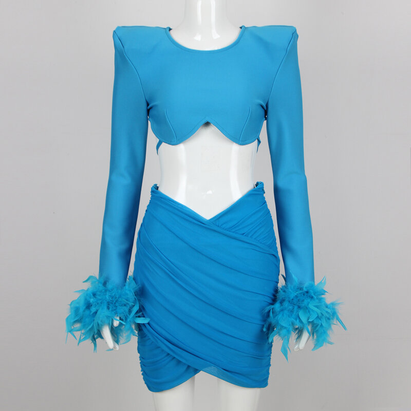 2023 Fashion Feather Mesh  Bandage Womens Two Peice Sets Blazer Mujer Top Mini Dress Sexy Dresses