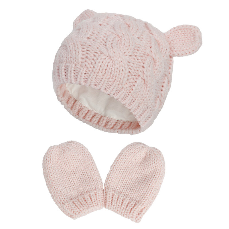 New Infant Baby Kids Girls Boys Winter Warm Knit Hat Ear Solid Warm Cute Glove 2pcs Lovely Beanie Kids neonato Cap 0-18M