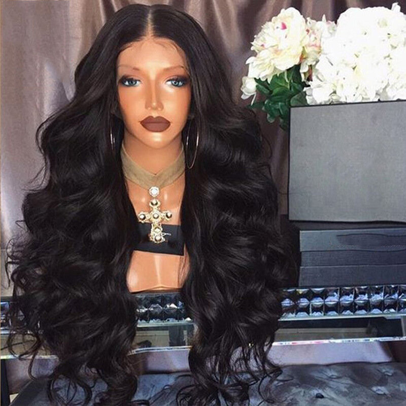 Natural Black Long Wavy Synthetic Wigs For Black Women Natural Wave Wigs With Bangs 26inch Heat Resistant Natural Wig