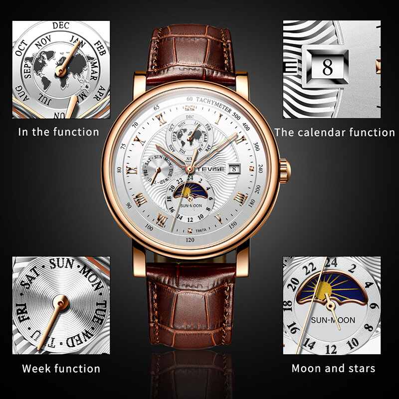TEVIESE-腕時計T867a,自動巻き,機械式ムーブメント,月,カレンダー,ディスプレイ,耐久性,耐水性