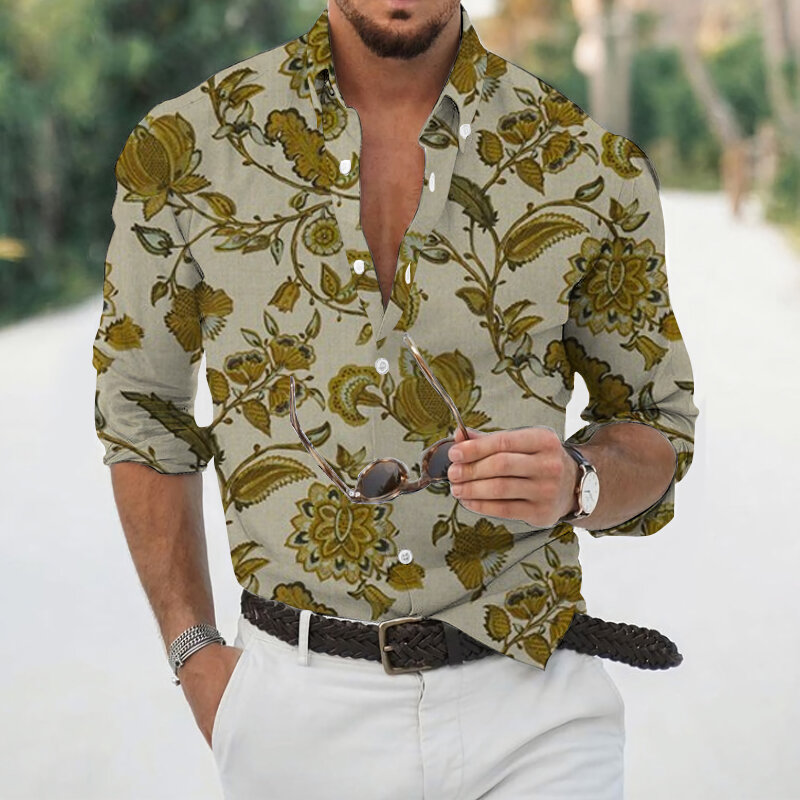 Рубашка мужская демисезонная с длинными рукавами, модная повседневная цифровая уличная одежда с воротником, на пуговицах, с цветочным прин...