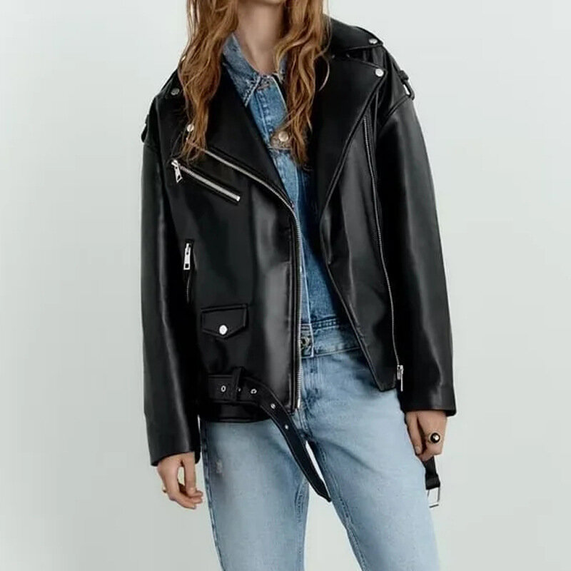 ZA European-American Women's Wear INS Main Street Photo PU Imitation Leather Loose Jacket