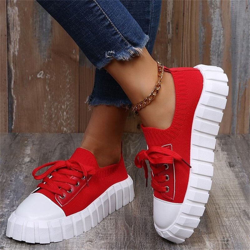 Women's Stylish Sneakers 2022 Spring New Stretch Fabric Ladies Lace Up Casual Shoes 36-43 Large-Sized Female Comfy Flats
