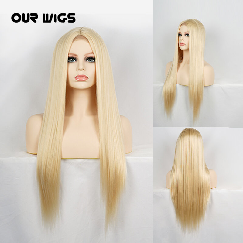 Perruque de Cosplay synthétique lisse et longue pour femmes, faux cheveux blonds ombrés en Fiber résistante à la chaleur