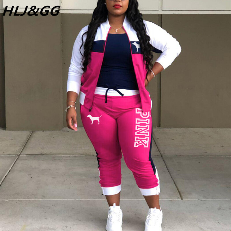 HLJ&GG Casual Sporty Two Piece Sets Women Zipper Long Sleeve Top + Jogger Pants Tracksuits Spring PINK Letter Print 2pcs Outfits