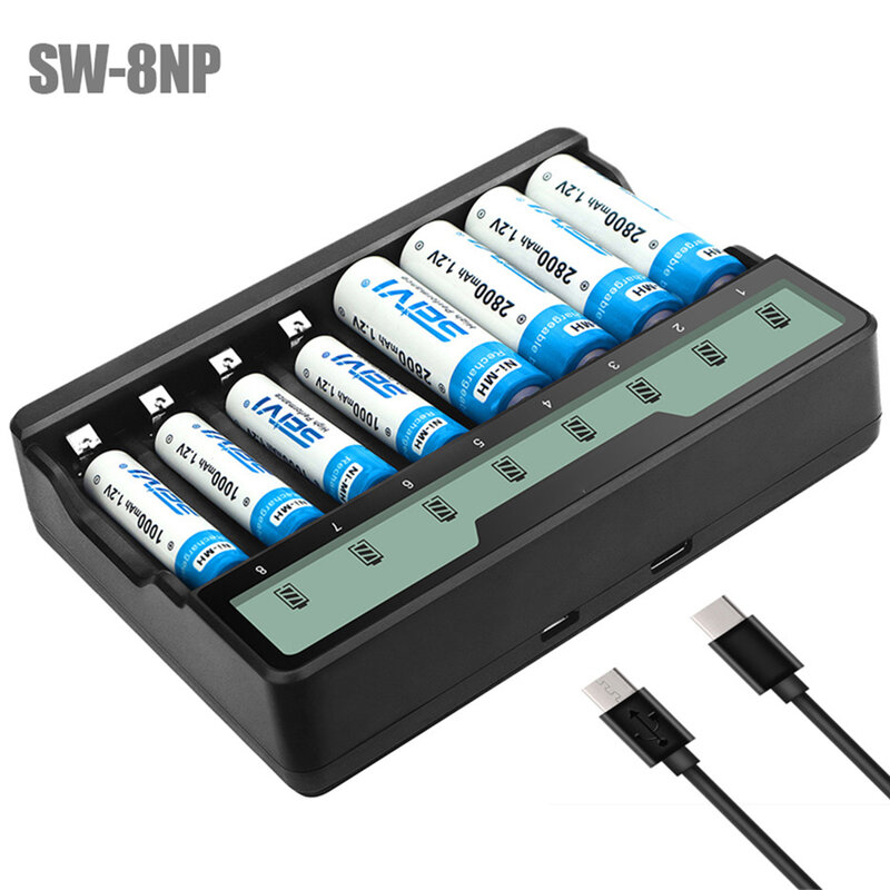 インテリジェントバッテリー充電器,8スロット,aa/aaa nicd nimh充電式バッテリー用LCDディスプレイ,nano.5 no.7,USBタイプC充電器