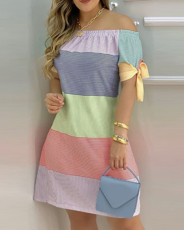 Vestido corto informal con estampado de rayas para mujer, ropa urbana de manga corta con hombros descubiertos, a la moda, para uso diario, 2021