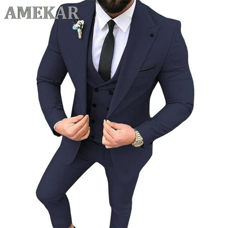 Noivo magro casamento smoking bege 3 peça terno apto padrinhos ternos masculino festa de negócios formatura blazer (jaqueta + calças + gravata colete