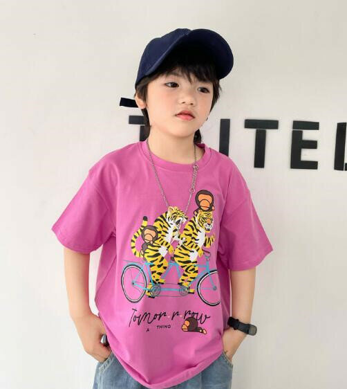 Fashion Style Hip Hop Kids Boy Girls Animal Riding Bicycle Pattern Summer Cartoon Pattern Short Shirts Tops Tee Children Clothes