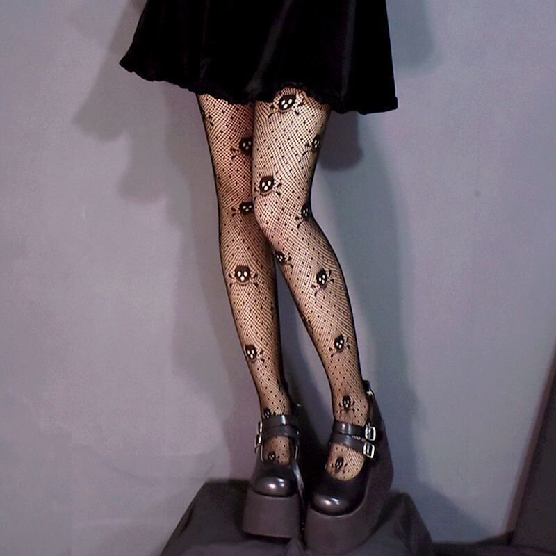 Lolita-calcetines largos de nailon para mujer, medias con estampado de corazón de amor negro, estilo gótico, Sexy, Retro