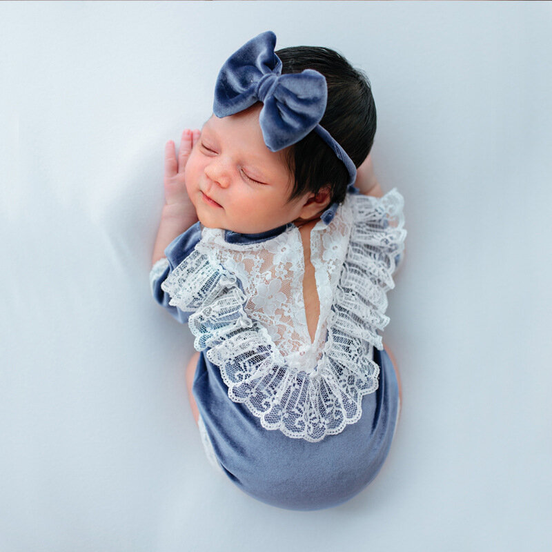 Newborn Photography Props  Baby Girl Lace Romper Bodysuits Outfit Bow Headband Photography Clothing Accessries