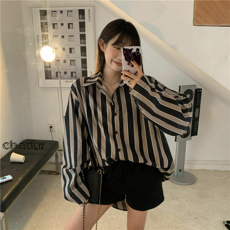 Deeptown coreano listrado camisa feminina vintage botão up cardigan 2021 outono moda casual manga comprida blusas retro feminino topos