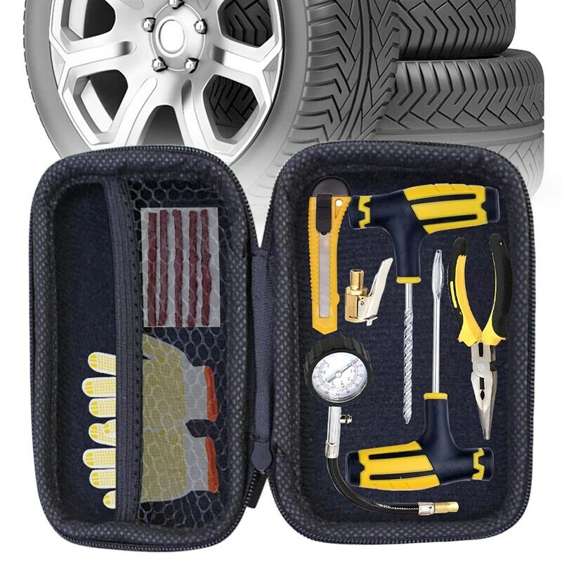 Kit de herramientas de reparación de neumáticos de coche, con tiras de goma, sin cámara, tapón de enganche, herramientas de reparación para coche, camión, motocicleta