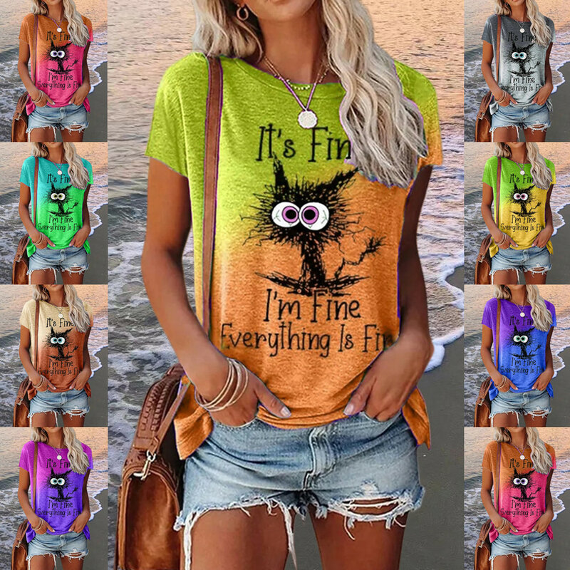女性の夏の猫のTシャツ,特大のラウンドネックの服,原宿プリントのカジュアルなTシャツ