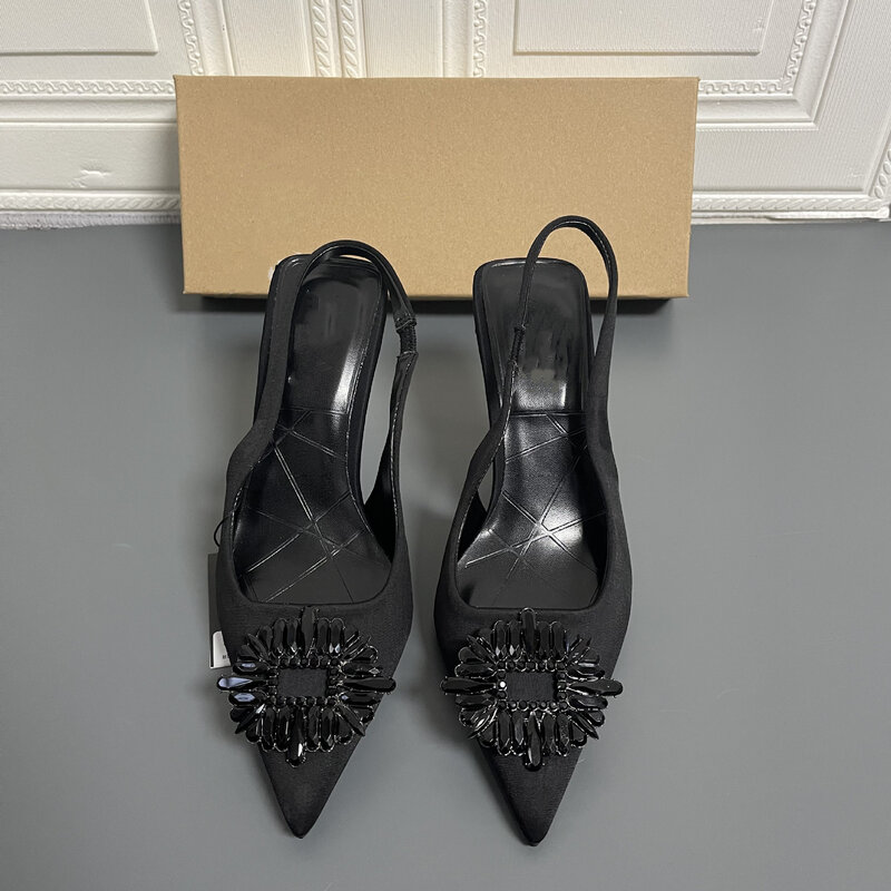 Zapatos de mujer con banda elástica, Sandalias de tacón alto, punta estrecha, con diamantes de imitación, color negro, Primavera, 2022