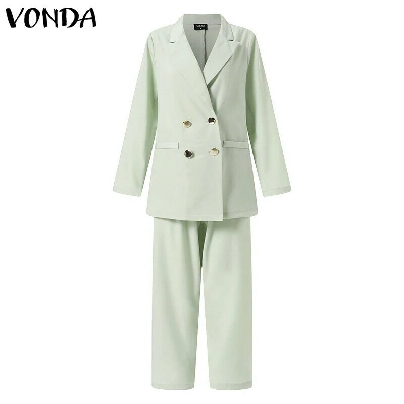 VONDA-Conjunto de pantalones informales de cintura alta con cinturón para mujer, traje elegante con doble botonadura, 2 piezas, 2022