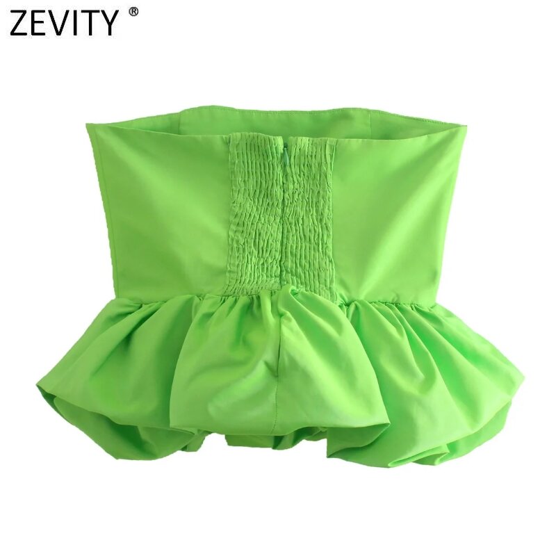 Zevity ผู้หญิง High Street ที่ไม่มีสายหนัง Hem จีบ Ruffles เสื้อ Lady Chic Y2K กลับ Elastic Zipper หลอดเสื้อเซ็กซี่เซ็กซี่เสื้อ ...