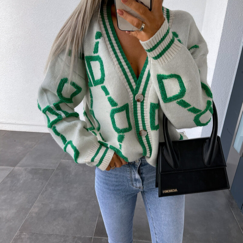 DAYIFUN Cardigan Women Green Striped Pink Knit Button Lady Cardigans Sweaters V-neck Loose Casual Winter Fashion Knitted Coat