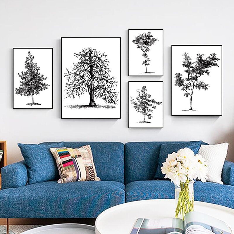 Fashion art minimalist black and white plant tree canvas painting office wall art poster living room home decoration mural