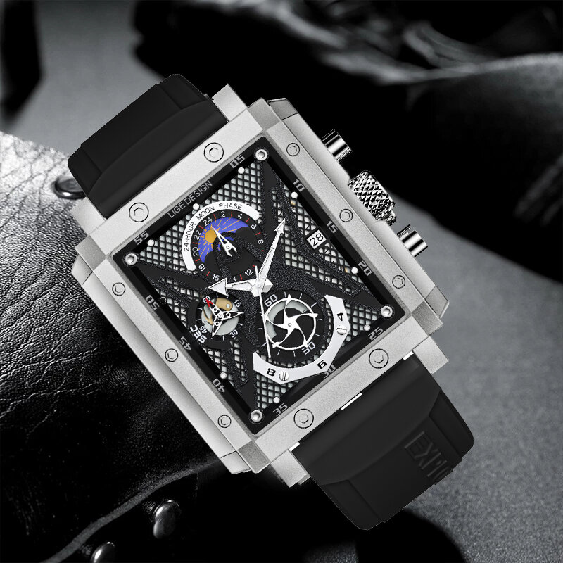 LIGE-reloj analógico con correa de silicona para hombre, accesorio de pulsera de cuarzo resistente al agua con cronógrafo, complemento masculino deportivo de marca de lujo con diseño cuadrado y estilo informal