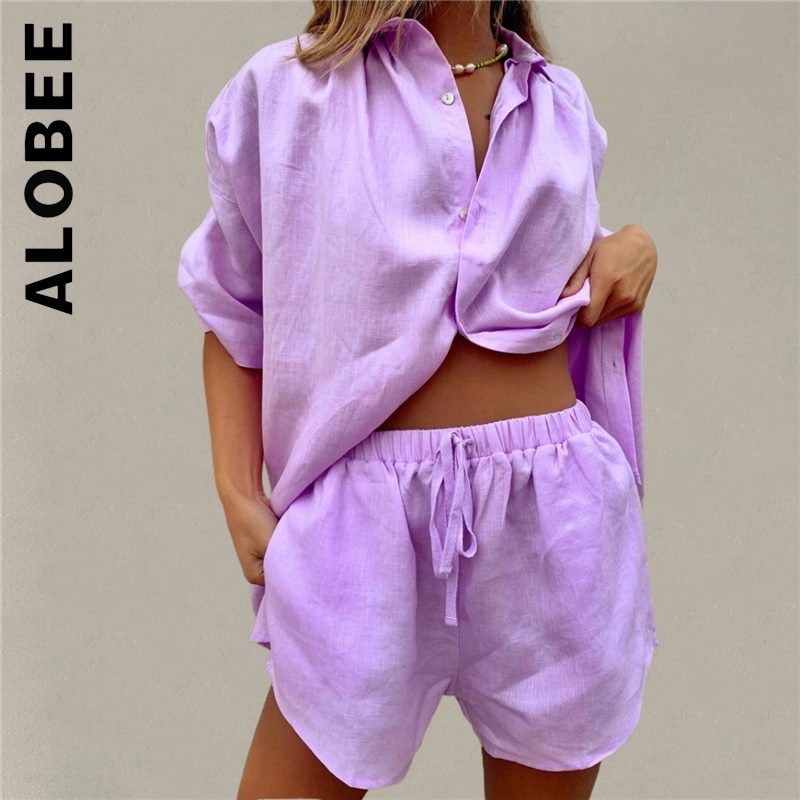 Alobee-conjunto holgado de 2 piezas para mujer, pantalones cortos ajustados a la moda, chándal Vintage, Chic